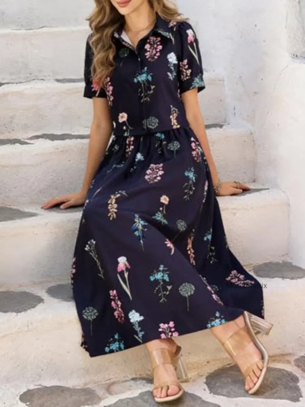 2 Piece Floral Skirt Set Puff Sleeve Blouse Elastic Waist Matching Vacation